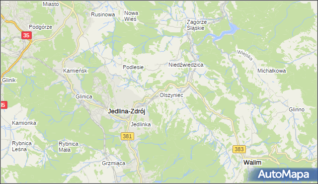 mapa Olszyniec gmina Walim, Olszyniec gmina Walim na mapie Targeo