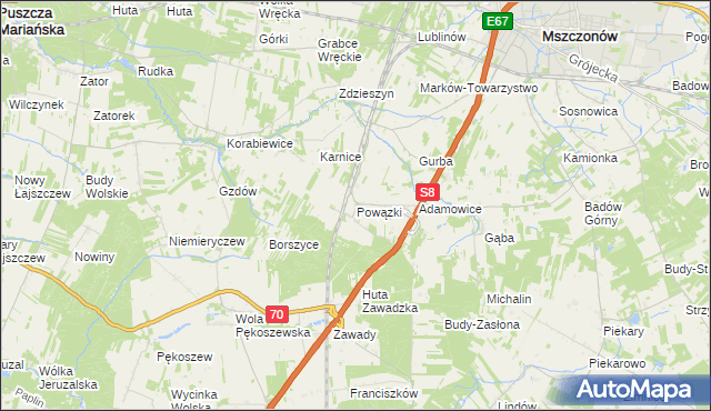 mapa Powązki gmina Mszczonów, Powązki gmina Mszczonów na mapie Targeo