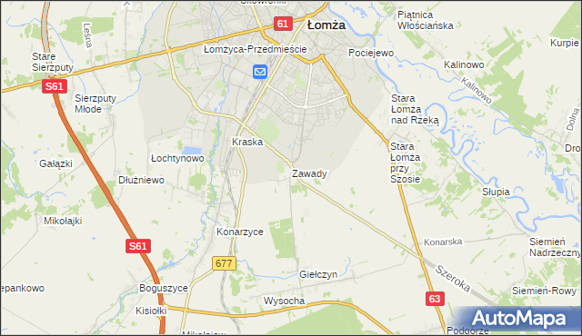 mapa Zawady gmina Łomża, Zawady gmina Łomża na mapie Targeo