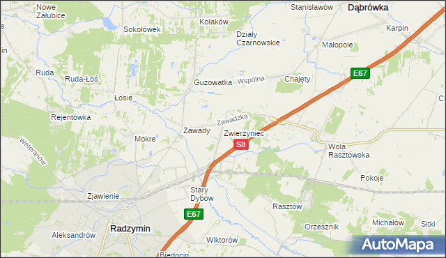 mapa Zwierzyniec gmina Radzymin, Zwierzyniec gmina Radzymin na mapie Targeo