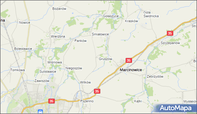 mapa Gruszów gmina Marcinowice, Gruszów gmina Marcinowice na mapie Targeo