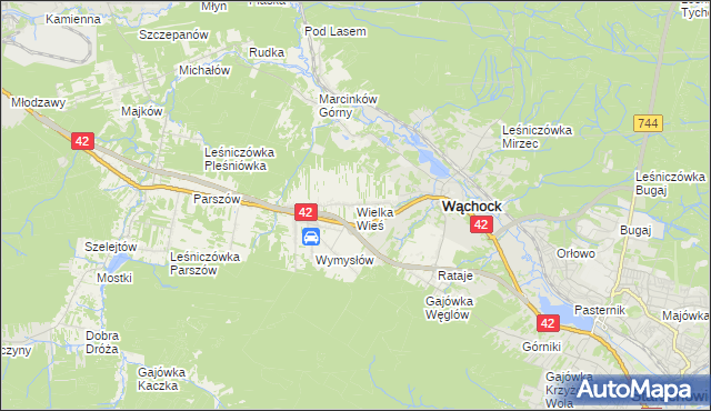 mapa Wielka Wieś gmina Wąchock, Wielka Wieś gmina Wąchock na mapie Targeo