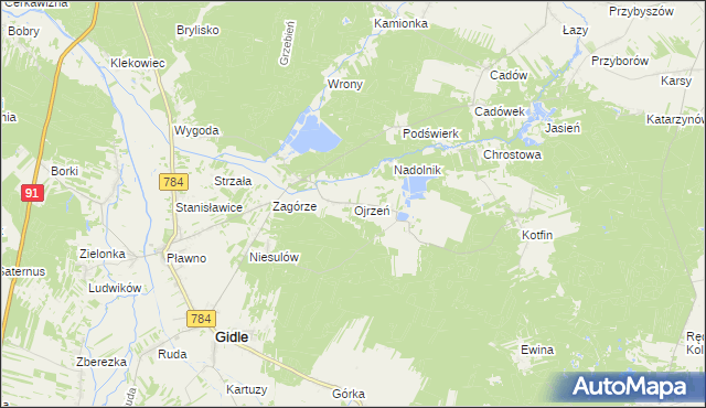 mapa Ojrzeń gmina Gidle, Ojrzeń gmina Gidle na mapie Targeo