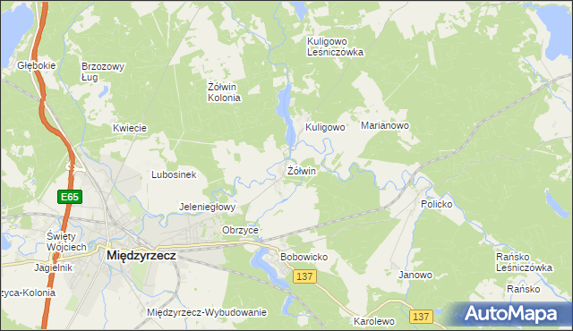 mapa Żółwin gmina Międzyrzecz, Żółwin gmina Międzyrzecz na mapie Targeo