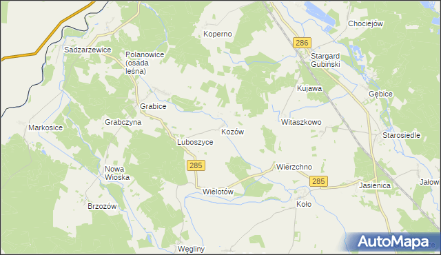 mapa Kozów gmina Gubin, Kozów gmina Gubin na mapie Targeo