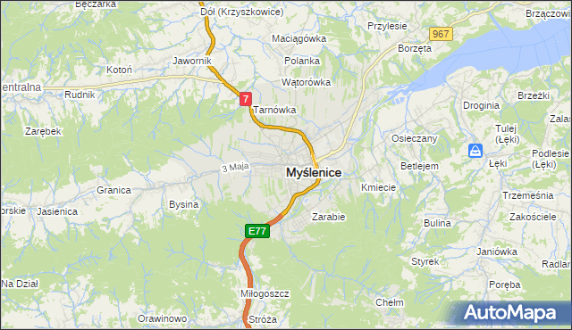 mapa Myślenice, Myślenice na mapie Targeo