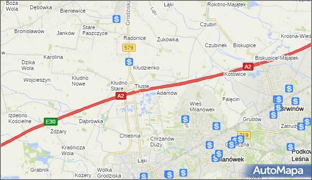 mapa Adamów gmina Grodzisk Mazowiecki, Adamów gmina Grodzisk Mazowiecki na mapie Targeo