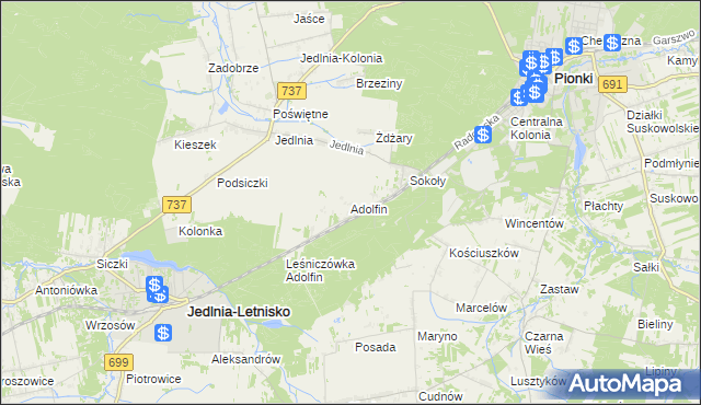 mapa Adolfin gmina Pionki, Adolfin gmina Pionki na mapie Targeo