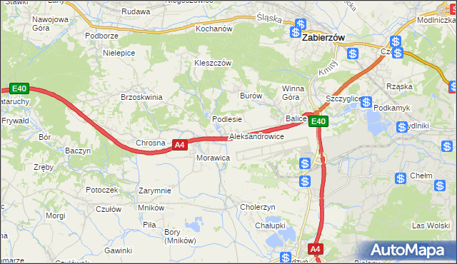 mapa Aleksandrowice gmina Zabierzów, Aleksandrowice gmina Zabierzów na mapie Targeo