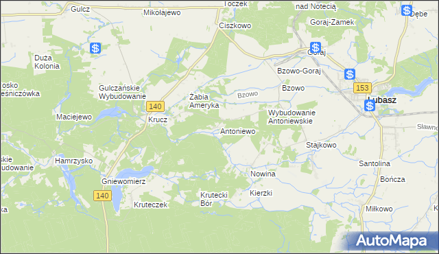 mapa Antoniewo gmina Lubasz, Antoniewo gmina Lubasz na mapie Targeo