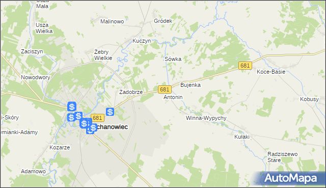 mapa Antonin gmina Ciechanowiec, Antonin gmina Ciechanowiec na mapie Targeo