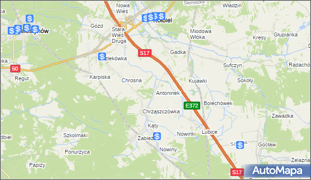 mapa Antoninek gmina Kołbiel, Antoninek gmina Kołbiel na mapie Targeo