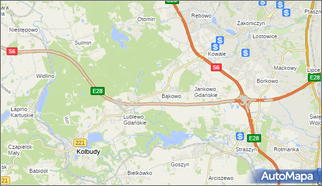 mapa Bąkowo gmina Kolbudy, Bąkowo gmina Kolbudy na mapie Targeo