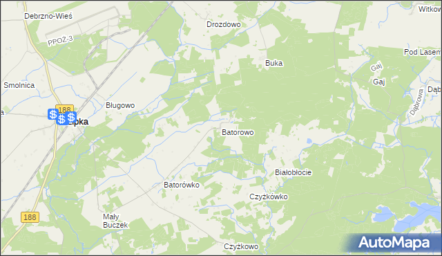 mapa Batorowo gmina Lipka, Batorowo gmina Lipka na mapie Targeo