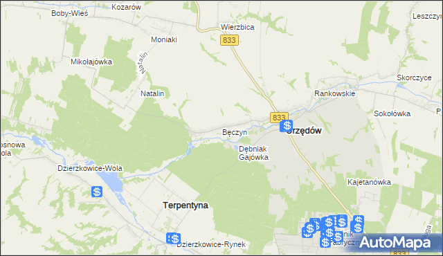 mapa Bęczyn gmina Urzędów, Bęczyn gmina Urzędów na mapie Targeo