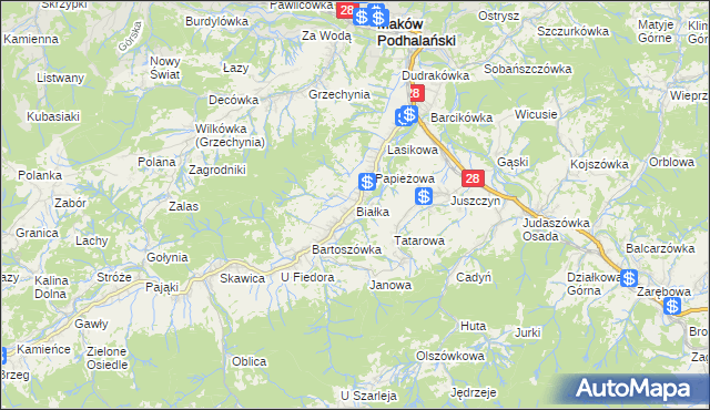 mapa Białka gmina Maków Podhalański, Białka gmina Maków Podhalański na mapie Targeo