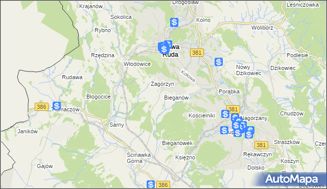 mapa Bieganów gmina Nowa Ruda, Bieganów gmina Nowa Ruda na mapie Targeo