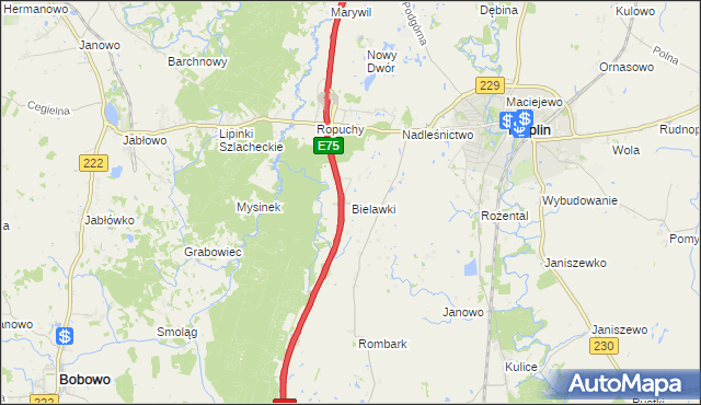 mapa Bielawki gmina Pelplin, Bielawki gmina Pelplin na mapie Targeo