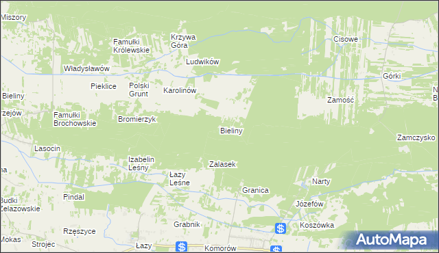 mapa Bieliny gmina Kampinos, Bieliny gmina Kampinos na mapie Targeo