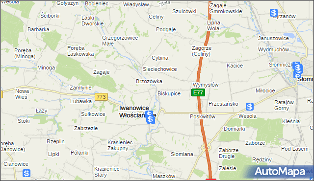 mapa Biskupice gmina Iwanowice, Biskupice gmina Iwanowice na mapie Targeo