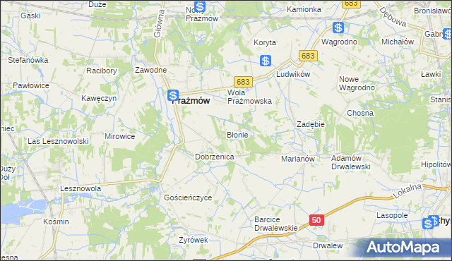 mapa Błonie gmina Prażmów, Błonie gmina Prażmów na mapie Targeo