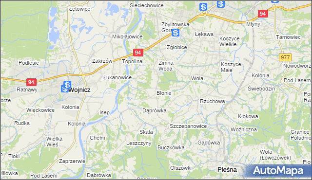 mapa Błonie gmina Tarnów, Błonie gmina Tarnów na mapie Targeo