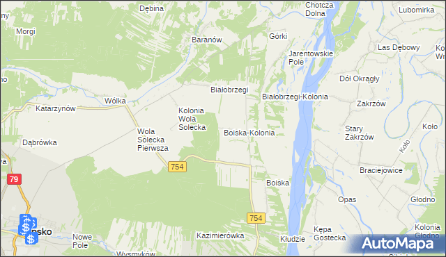 mapa Boiska-Kolonia gmina Solec nad Wisłą, Boiska-Kolonia gmina Solec nad Wisłą na mapie Targeo