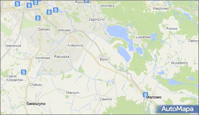 mapa Bonin gmina Manowo, Bonin gmina Manowo na mapie Targeo