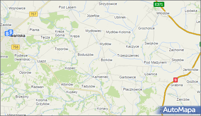 mapa Borków gmina Iwaniska, Borków gmina Iwaniska na mapie Targeo