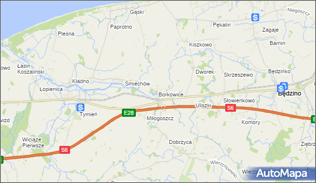 mapa Borkowice gmina Będzino, Borkowice gmina Będzino na mapie Targeo