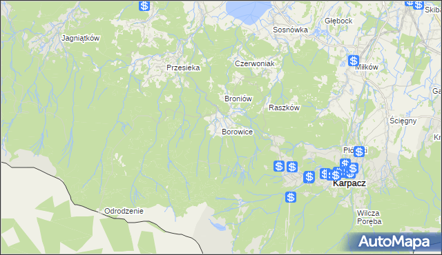 mapa Borowice gmina Podgórzyn, Borowice gmina Podgórzyn na mapie Targeo