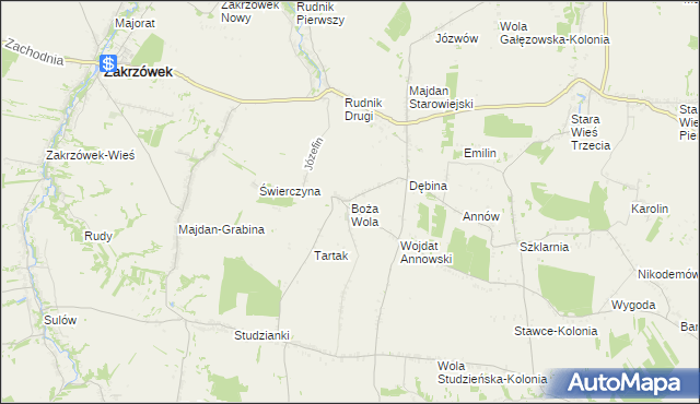 mapa Boża Wola gmina Zakrzew, Boża Wola gmina Zakrzew na mapie Targeo