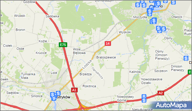 mapa Bratoszewice, Bratoszewice na mapie Targeo