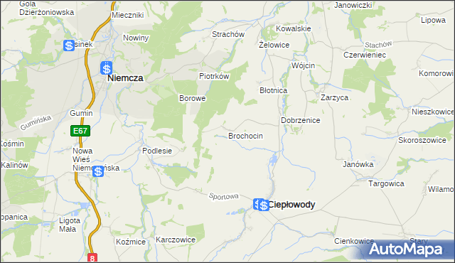 mapa Brochocin gmina Ciepłowody, Brochocin gmina Ciepłowody na mapie Targeo