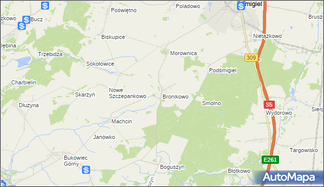 mapa Bronikowo gmina Śmigiel, Bronikowo gmina Śmigiel na mapie Targeo