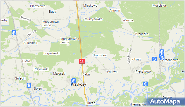 mapa Bronisław gmina Krzykosy, Bronisław gmina Krzykosy na mapie Targeo