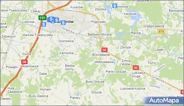 mapa Bronisławów gmina Mszczonów, Bronisławów gmina Mszczonów na mapie Targeo