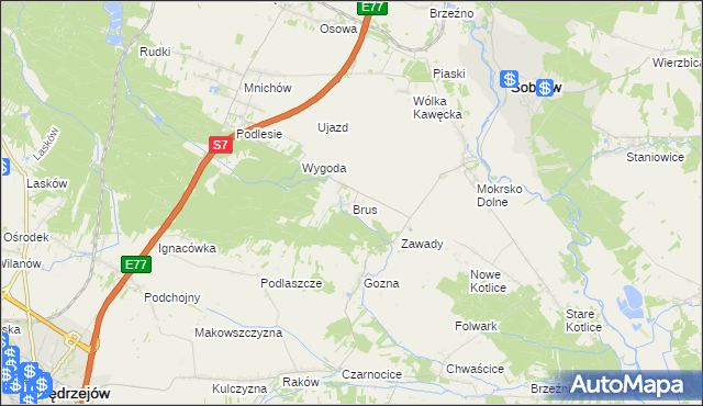 mapa Brus gmina Jędrzejów, Brus gmina Jędrzejów na mapie Targeo