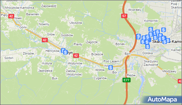 mapa Brzeście gmina Bliżyn, Brzeście gmina Bliżyn na mapie Targeo