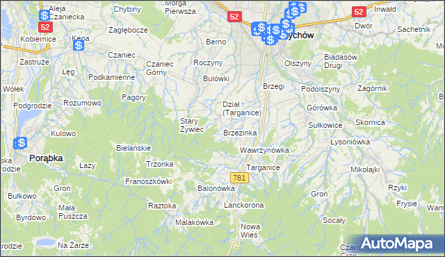 mapa Brzezinka gmina Andrychów, Brzezinka gmina Andrychów na mapie Targeo