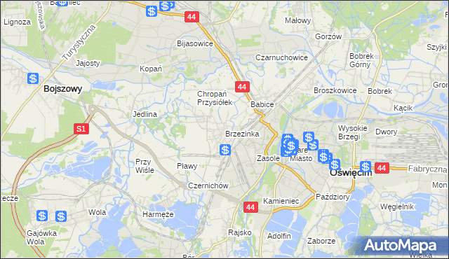 mapa Brzezinka gmina Oświęcim, Brzezinka gmina Oświęcim na mapie Targeo