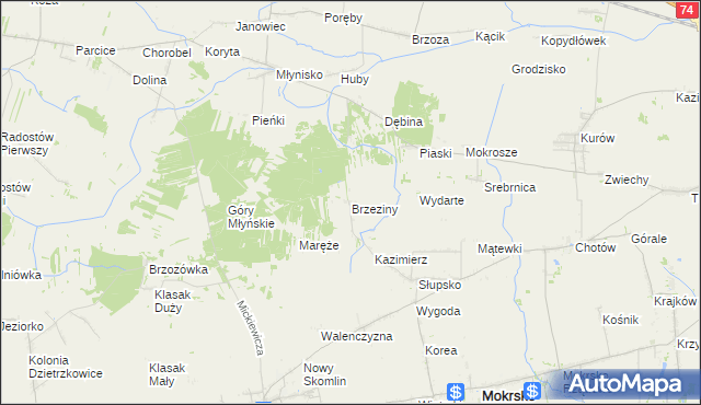mapa Brzeziny gmina Skomlin, Brzeziny gmina Skomlin na mapie Targeo