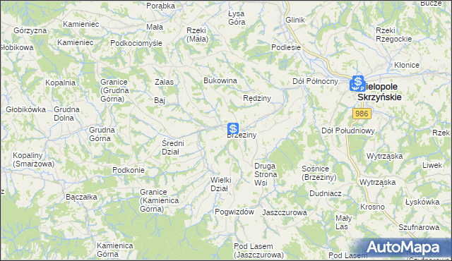 mapa Brzeziny gmina Wielopole Skrzyńskie, Brzeziny gmina Wielopole Skrzyńskie na mapie Targeo