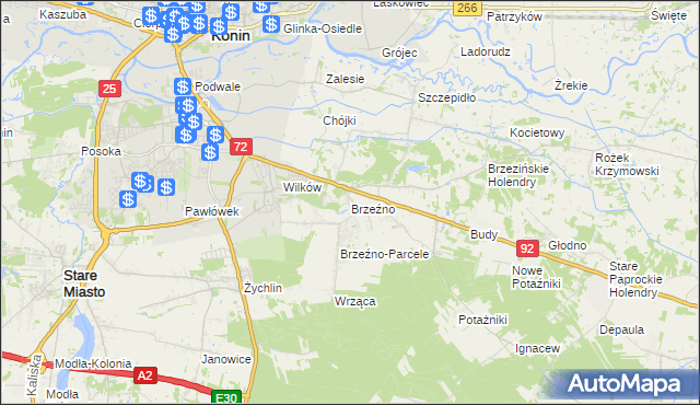 mapa Brzeźno gmina Krzymów, Brzeźno gmina Krzymów na mapie Targeo