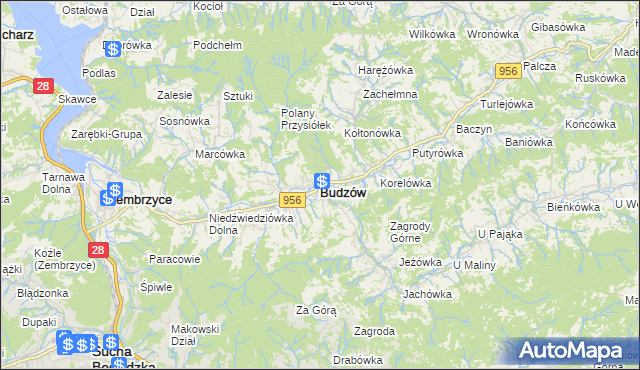 mapa Budzów powiat suski, Budzów powiat suski na mapie Targeo