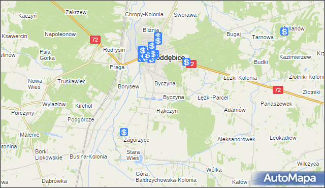 mapa Byczyna gmina Poddębice, Byczyna gmina Poddębice na mapie Targeo