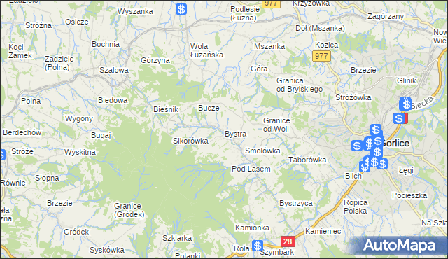 mapa Bystra gmina Gorlice, Bystra gmina Gorlice na mapie Targeo
