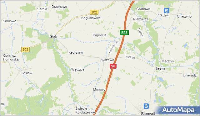 mapa Byszewo gmina Siemyśl, Byszewo gmina Siemyśl na mapie Targeo
