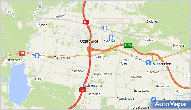 mapa Celiny gmina Ożarowice, Celiny gmina Ożarowice na mapie Targeo