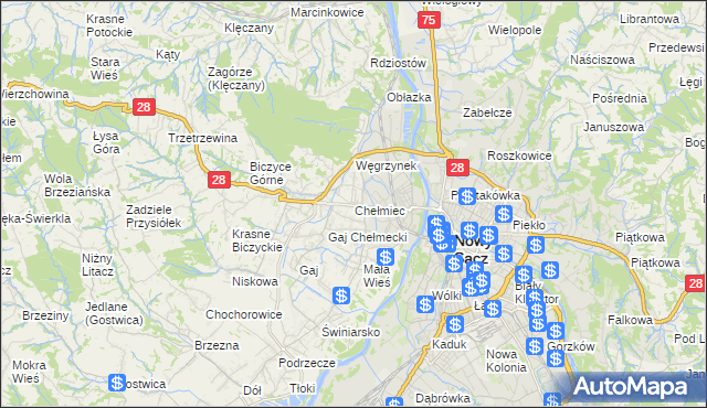 mapa Chełmiec powiat nowosądecki, Chełmiec powiat nowosądecki na mapie Targeo